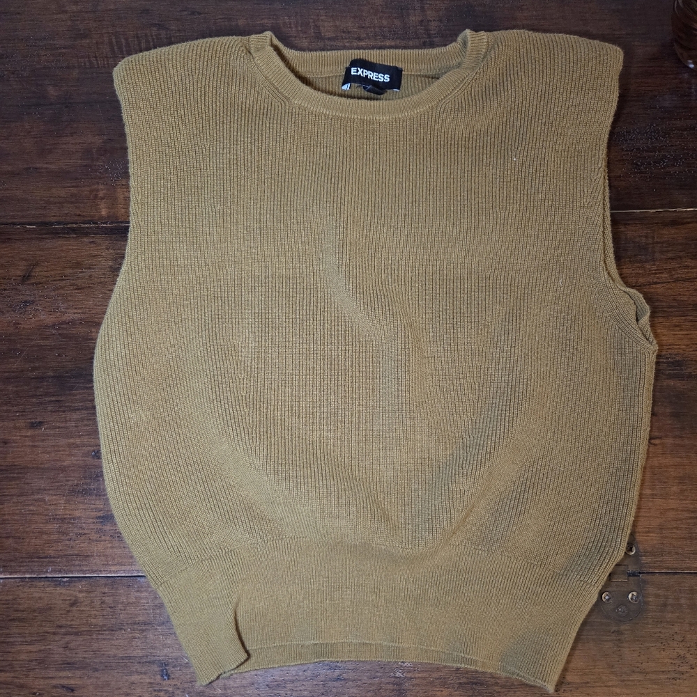 Express Camel Crew Neck Sweater Vest With Shoulder Pads Layering Buisness Casual